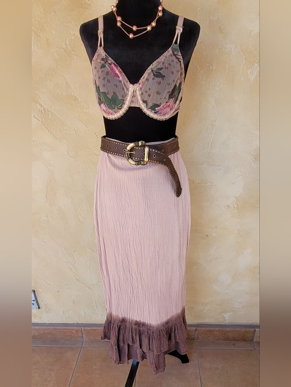 Rare vintage Y2K gauze crinkle maxi skirt soft dusty pink mauve brown ombre S